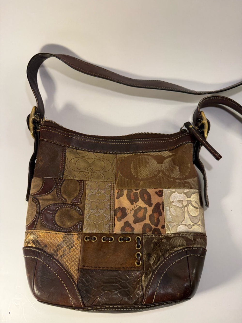 Coach Brown Multi Patchwork Shoulder Bag Y2K VTG Bucket Zip